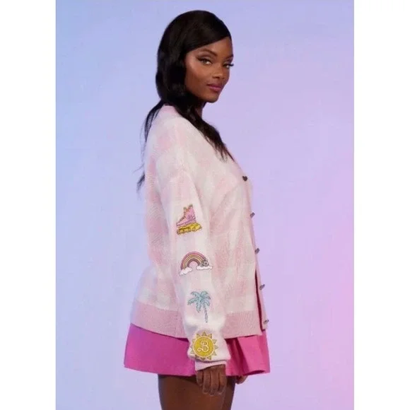 Barbie The Movie Pink Cardigan Sweater Size Small Gingham Heart Buttons - Picture 4 of 11